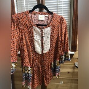 Anthropology Maeve Multicolor Bohemian Blouse with Lace Detail
